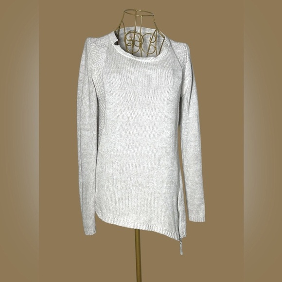 Carbon2Cobalt Tan Gray Cotton Sweater w/ Collar Cutouts & Asymmetrical Hem, S - Picture 2 of 16